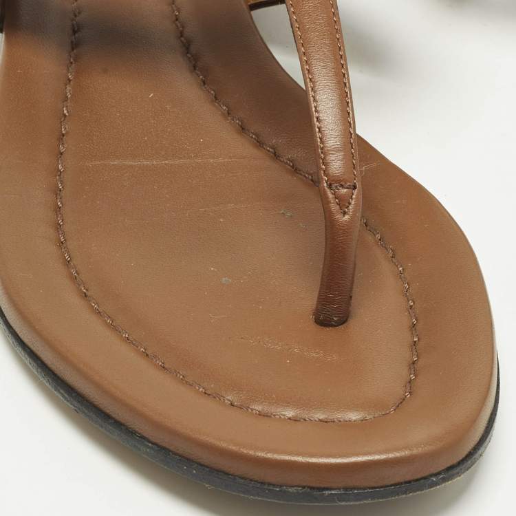 Pre Owned Gucci Brown Leather Thong Flat Slingback Sandals Size 38.5