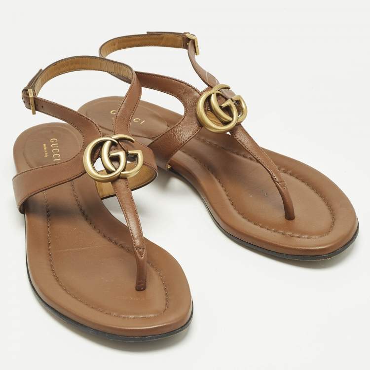 Pre Owned Gucci Brown Leather Thong Flat Slingback Sandals Size 38.5