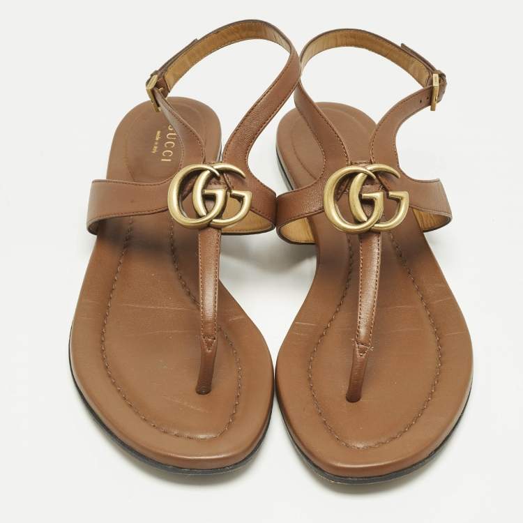 Pre Owned Gucci Brown Leather Thong Flat Slingback Sandals Size 38.5