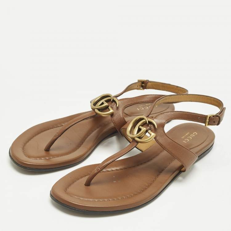 Pre Owned Gucci Brown Leather Thong Flat Slingback Sandals Size 38.5