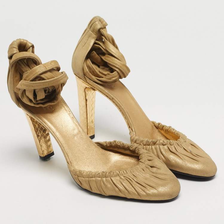 Pre Owned Gucci Size 37.5 Gold Python Embossed Leather and Suede Ankle Wrap Pumps