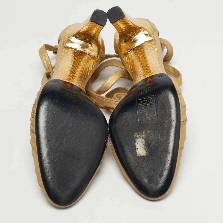 Pre Owned Gucci Size 37.5 Gold Python Embossed Leather and Suede Ankle Wrap Pumps