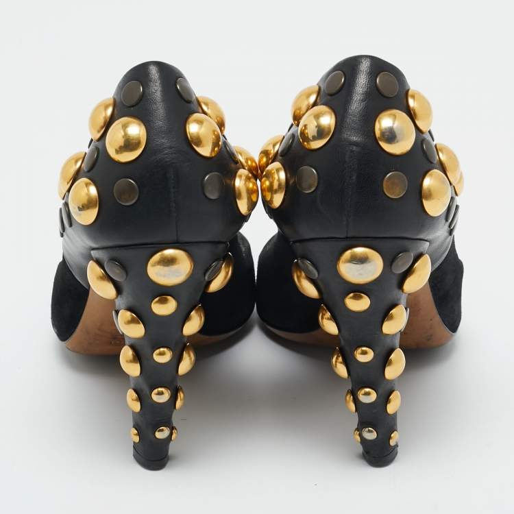 Pre Owned Gucci Black Leather and Suede Stud Embellishment Pumps Size 37