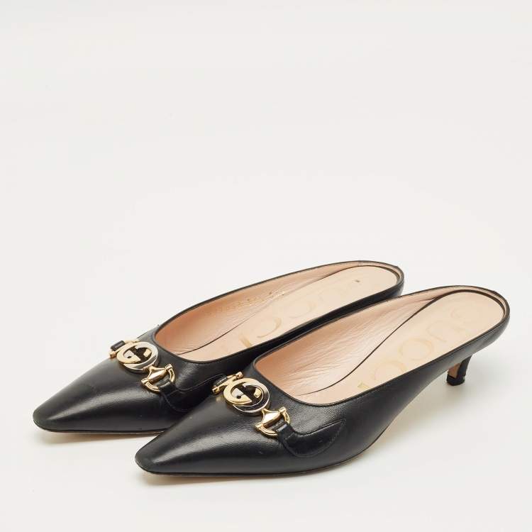 Pre Owned Gucci Zumi Interlocking G Size 36.5 Black Leather Mules