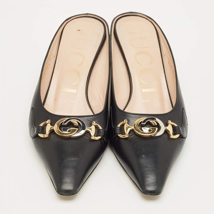 Pre Owned Gucci Zumi Interlocking G Size 36.5 Black Leather Mules