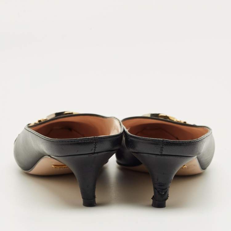 Pre Owned Gucci Zumi Interlocking G Size 36.5 Black Leather Mules