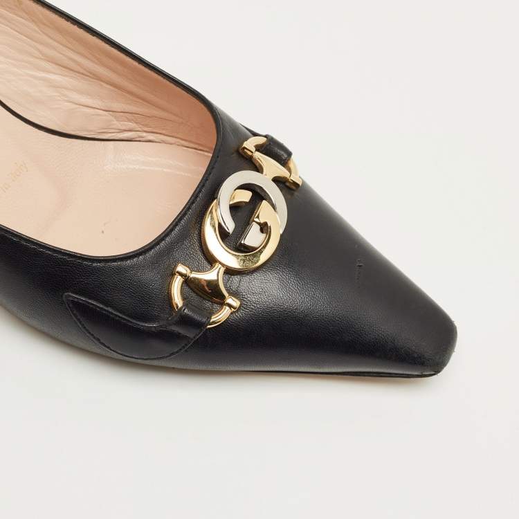 Pre Owned Gucci Zumi Interlocking G Size 36.5 Black Leather Mules