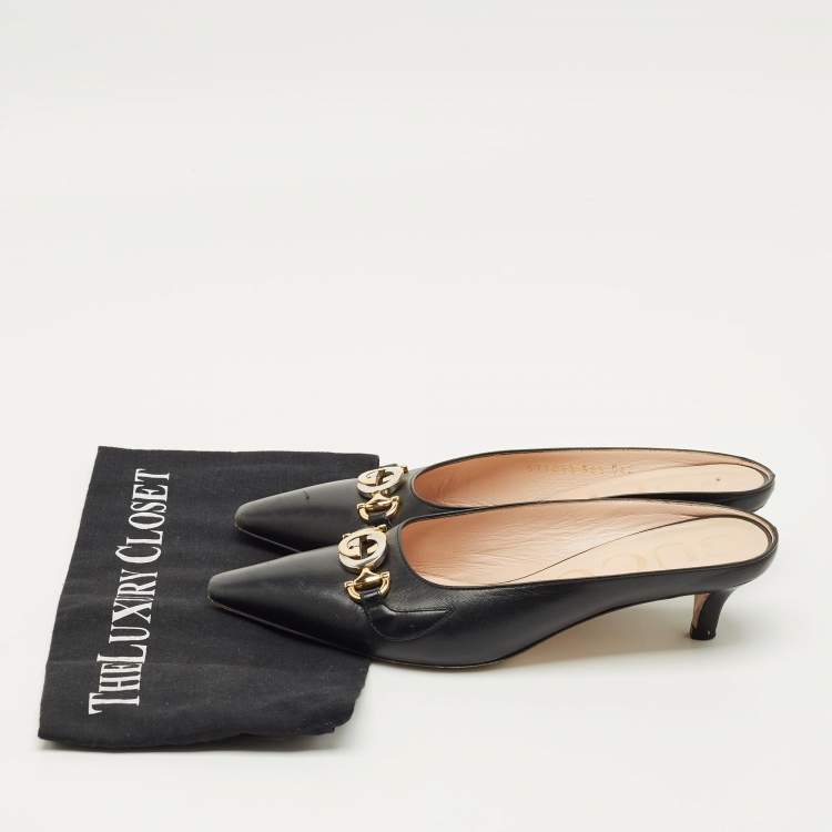 Pre Owned Gucci Zumi Interlocking G Size 36.5 Black Leather Mules