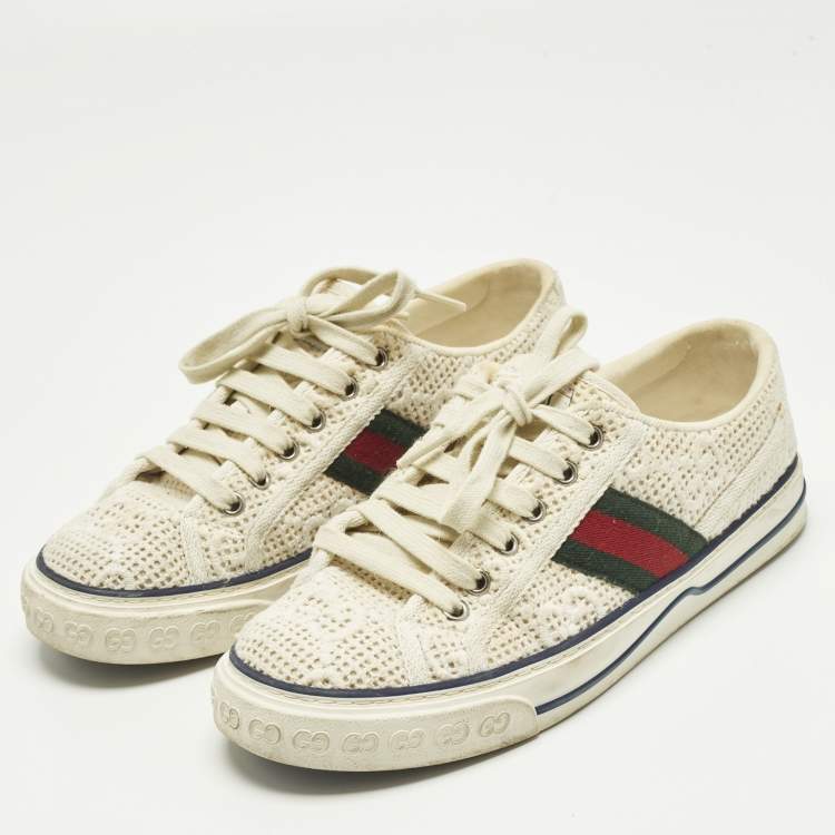 Pre Owned Gucci Guccissima White Crochet Lace Up Sneakers Size 38