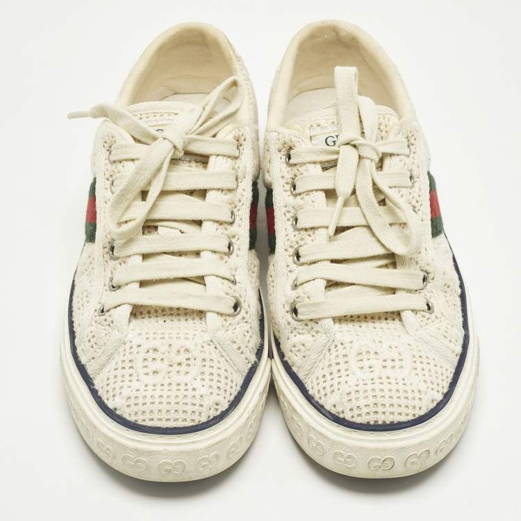 Pre Owned Gucci Guccissima White Crochet Lace Up Sneakers Size 38
