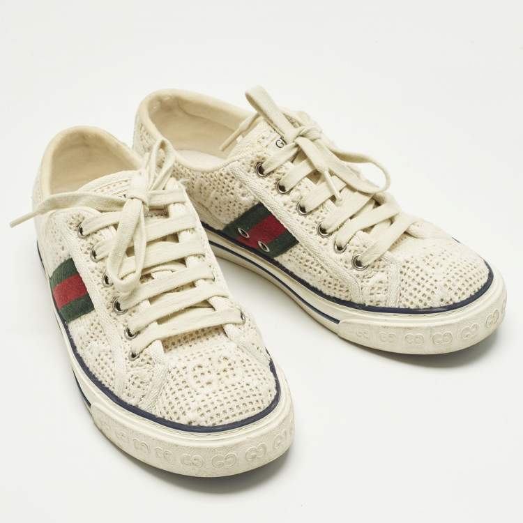 Pre Owned Gucci Guccissima White Crochet Lace Up Sneakers Size 38