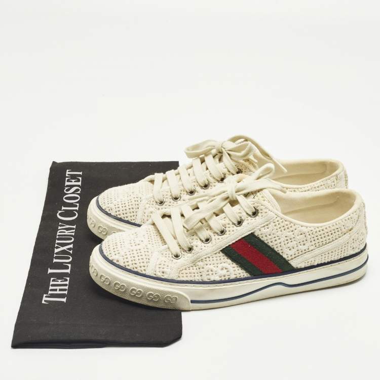 Pre Owned Gucci Guccissima White Crochet Lace Up Sneakers Size 38