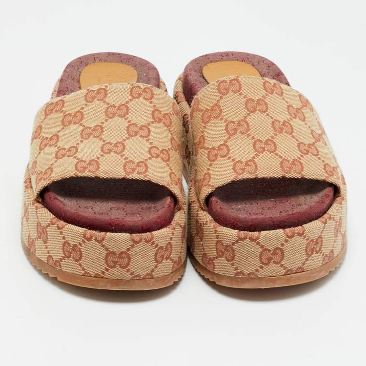 Pre Owned Gucci GG Canvas Size 36.5 Beige Canvas Platform Sandals