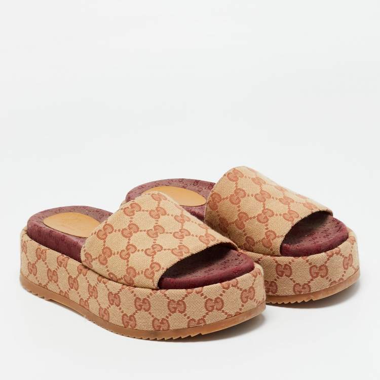Pre Owned Gucci GG Canvas Size 36.5 Beige Canvas Platform Sandals