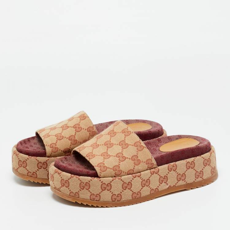 Pre Owned Gucci GG Canvas Size 36.5 Beige Canvas Platform Sandals