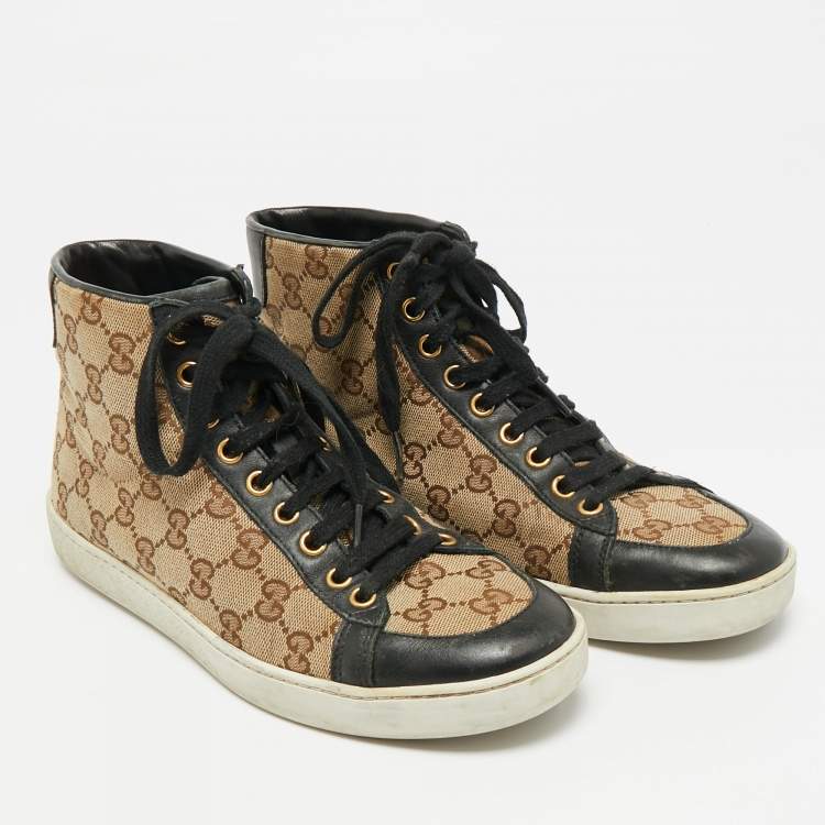مملوكة مسبقًا Gucci California Size 36.5 Brown/Navy Blue Coated Canvas and Leather High Top Sneakers