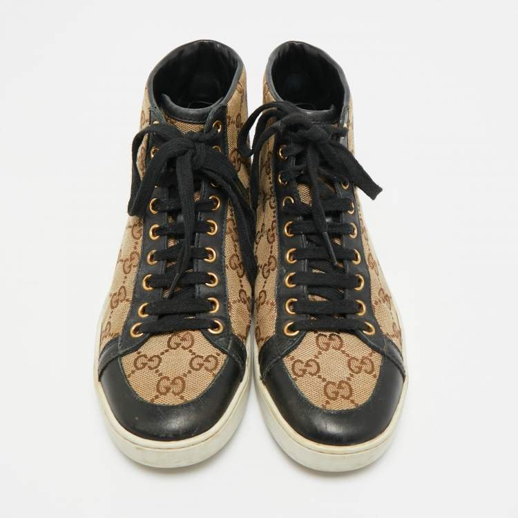 مملوكة مسبقًا Gucci California Size 36.5 Brown/Navy Blue Coated Canvas and Leather High Top Sneakers