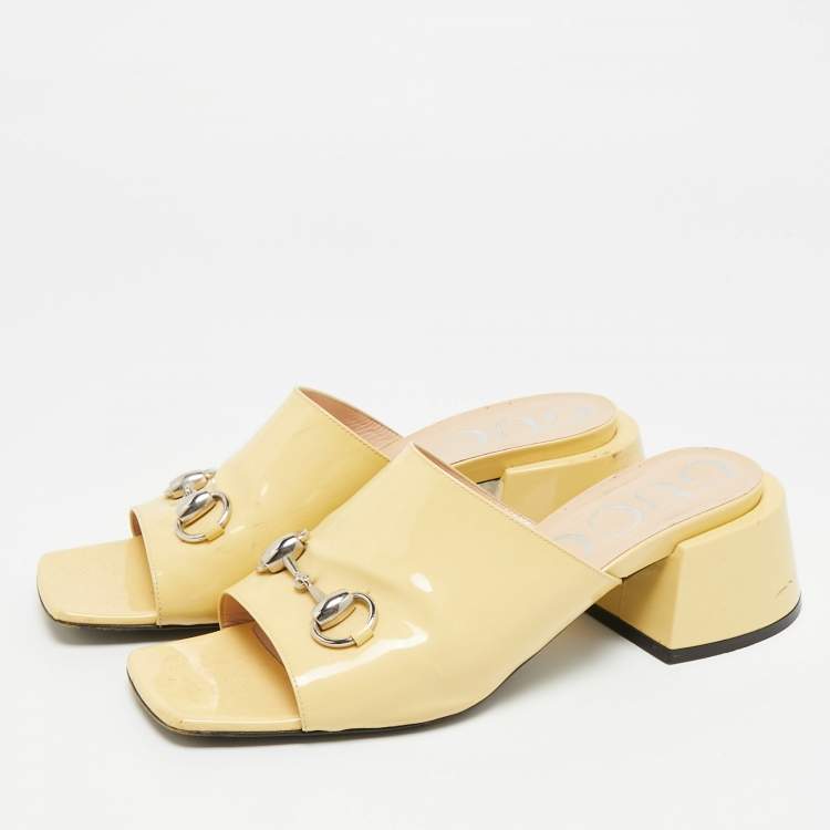 Pre Owned Gucci Horsebit Size 39.5 Yellow Patent Leather Slide Sandals
