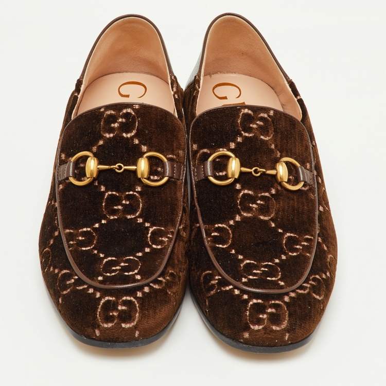 Pre Owned Gucci Mister Crystal Horsebit Size 40.5 Brown GG Velvet Loafers