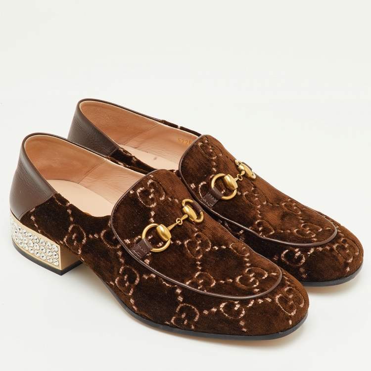 Pre Owned Gucci Mister Crystal Horsebit Size 40.5 Brown GG Velvet Loafers