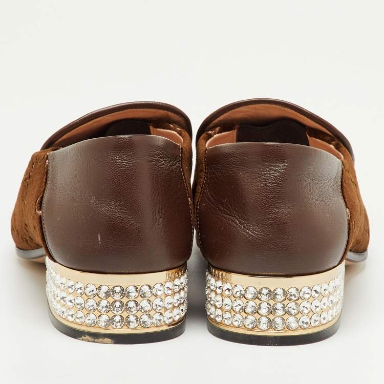 Pre Owned Gucci Mister Crystal Horsebit Size 40.5 Brown GG Velvet Loafers