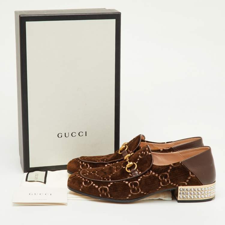 Pre Owned Gucci Mister Crystal Horsebit Size 40.5 Brown GG Velvet Loafers