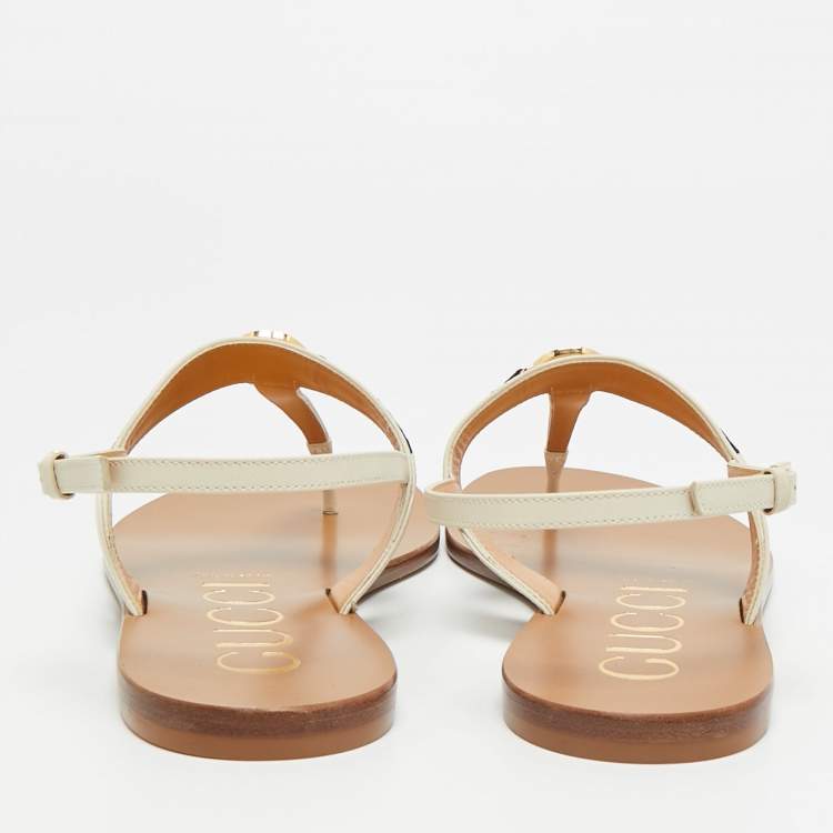 Pre Owned Gucci Interlocking G Size 40.5 Cream Leather Slingback Sandals