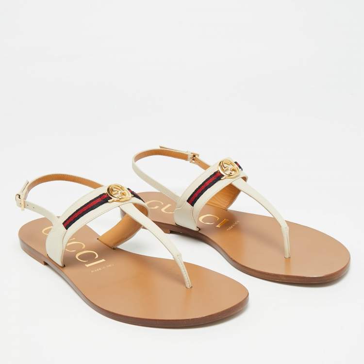 Pre Owned Gucci Interlocking G Size 40.5 Cream Leather Slingback Sandals