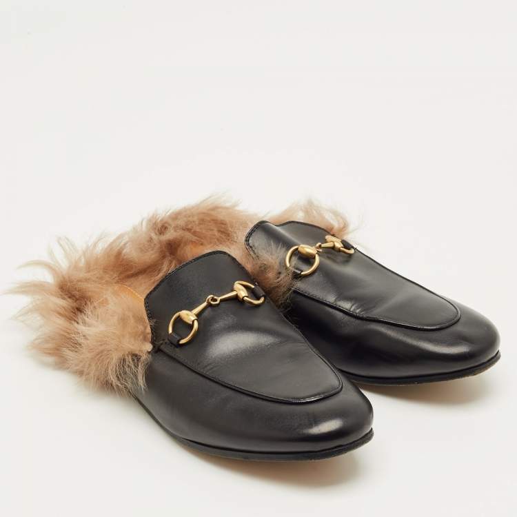 Pre Owned Gucci Princetown Size 36.5 Black Leather and Fur Lined Flat Mules