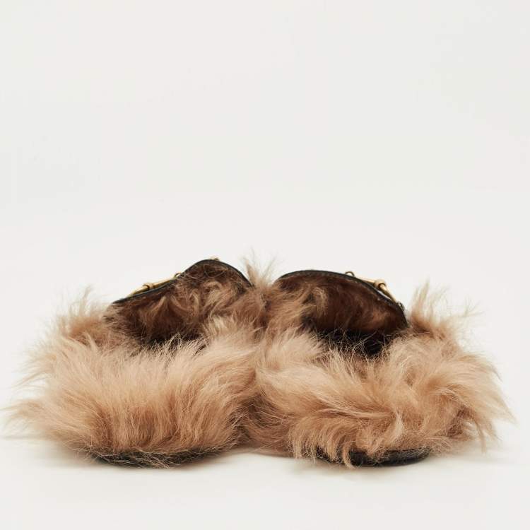 Pre Owned Gucci Princetown Size 36.5 Black Leather and Fur Lined Flat Mules