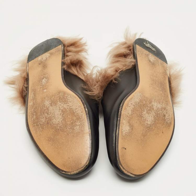 Pre Owned Gucci Princetown Size 36.5 Black Leather and Fur Lined Flat Mules