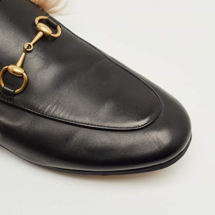Pre Owned Gucci Princetown Size 36.5 Black Leather and Fur Lined Flat Mules