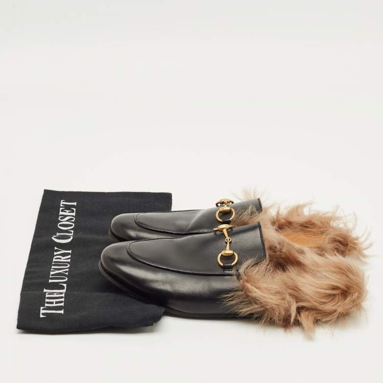 Pre Owned Gucci Princetown Size 36.5 Black Leather and Fur Lined Flat Mules