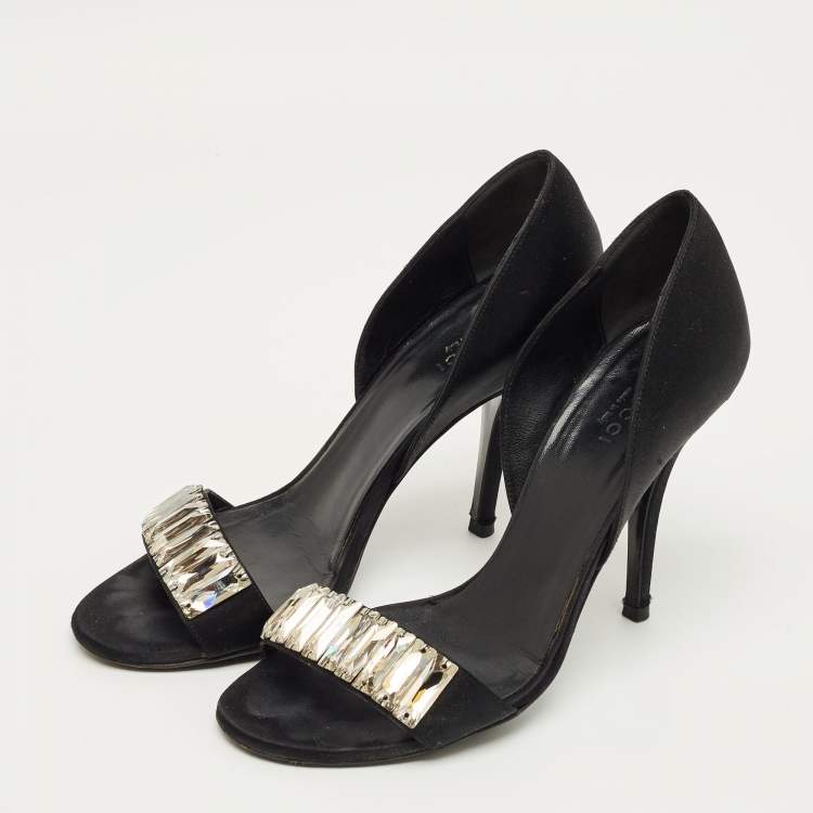 مملوكة مسبقًا Gucci Crystal Embellished Size 36.5 Black Satin Open Toe D'orsay Pumps