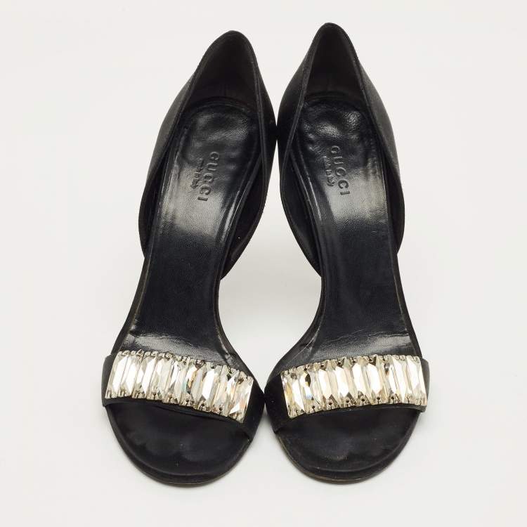 مملوكة مسبقًا Gucci Crystal Embellished Size 36.5 Black Satin Open Toe D'orsay Pumps