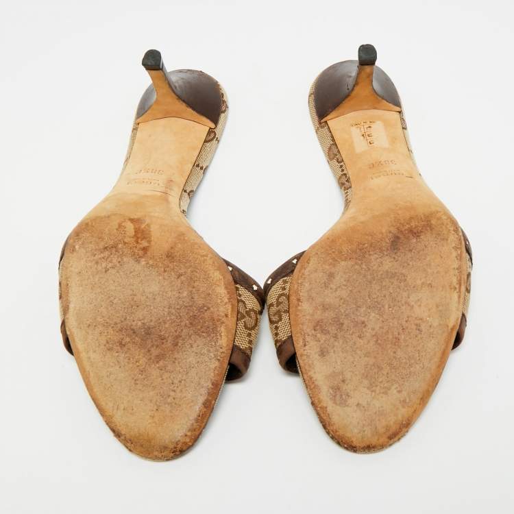 Pre Owned Gucci Horsebit Size 38.5 Brown Canvas and Leather Slide Sandals