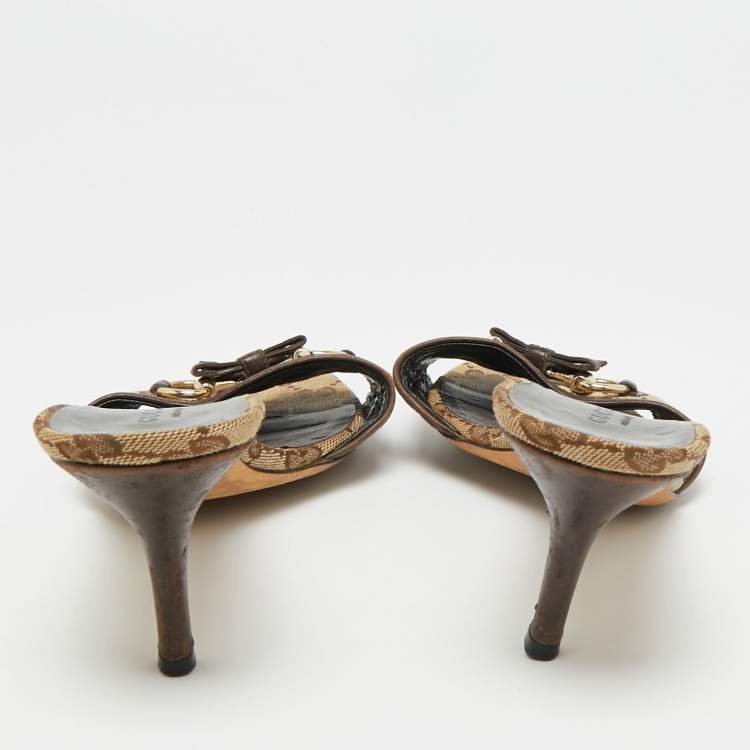 Pre Owned Gucci Horsebit Size 38.5 Brown Canvas and Leather Slide Sandals