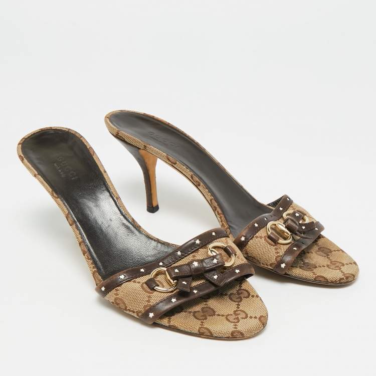 Pre Owned Gucci Horsebit Size 38.5 Brown Canvas and Leather Slide Sandals