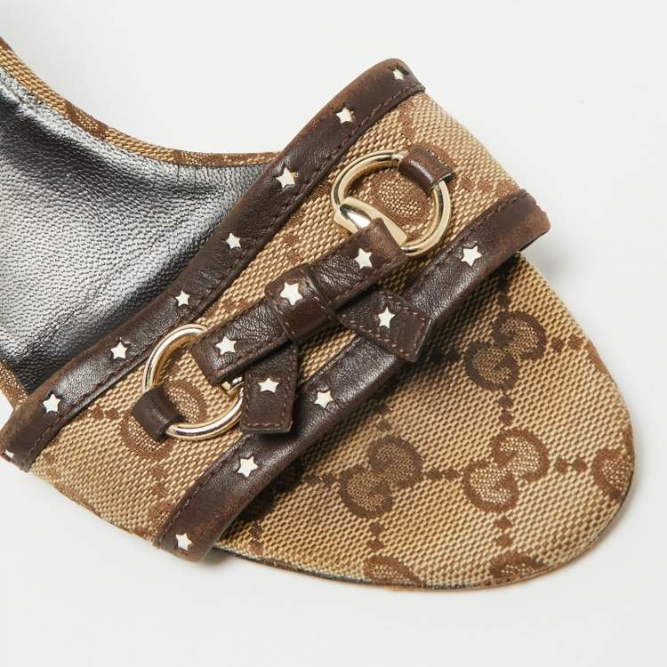 Pre Owned Gucci Horsebit Size 38.5 Brown Canvas and Leather Slide Sandals