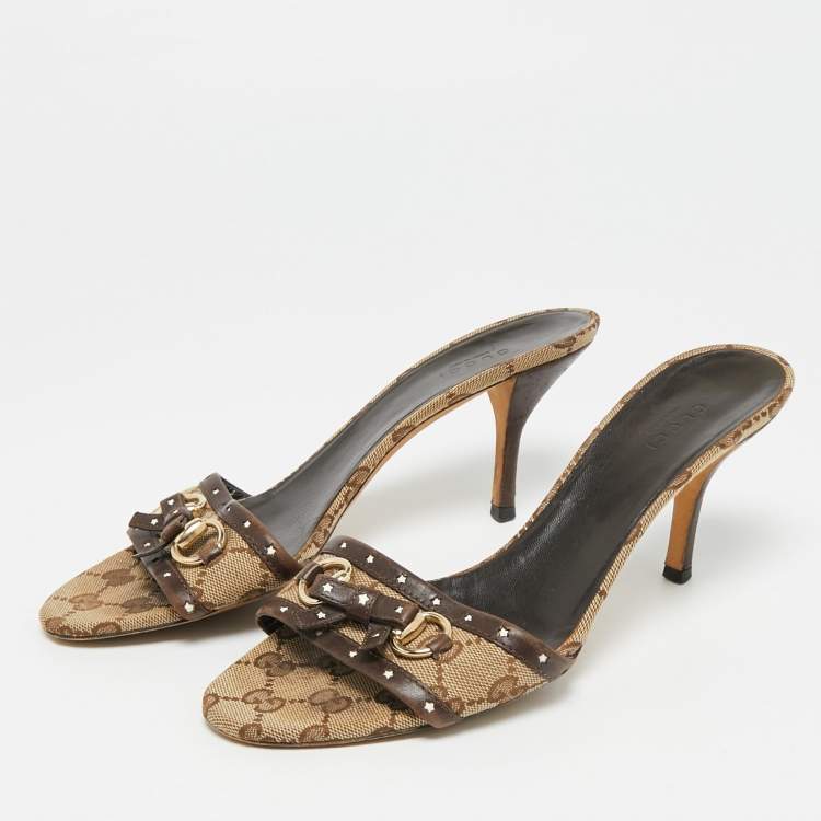 Pre Owned Gucci Horsebit Size 38.5 Brown Canvas and Leather Slide Sandals