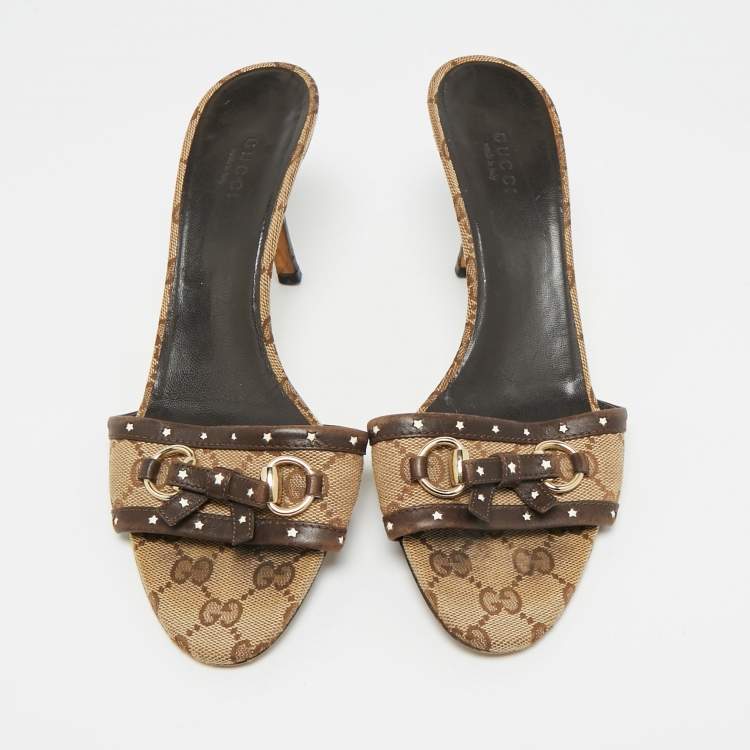 Pre Owned Gucci Horsebit Size 38.5 Brown Canvas and Leather Slide Sandals