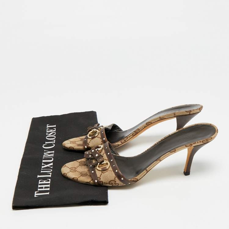 Pre Owned Gucci Horsebit Size 38.5 Brown Canvas and Leather Slide Sandals