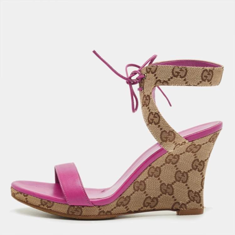 Pre Owned Gucci Size 36 Brown Canvas and Leather Wedge Ankle Strap Sandals