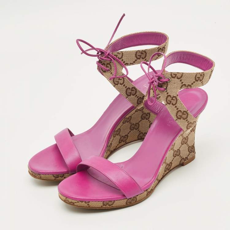 Pre Owned Gucci Size 36 Brown Canvas and Leather Wedge Ankle Strap Sandals