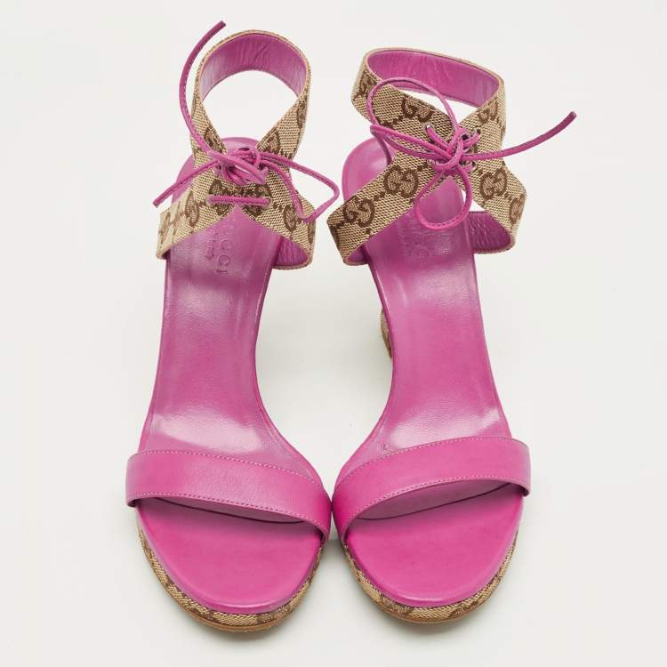 Pre Owned Gucci Size 36 Brown Canvas and Leather Wedge Ankle Strap Sandals