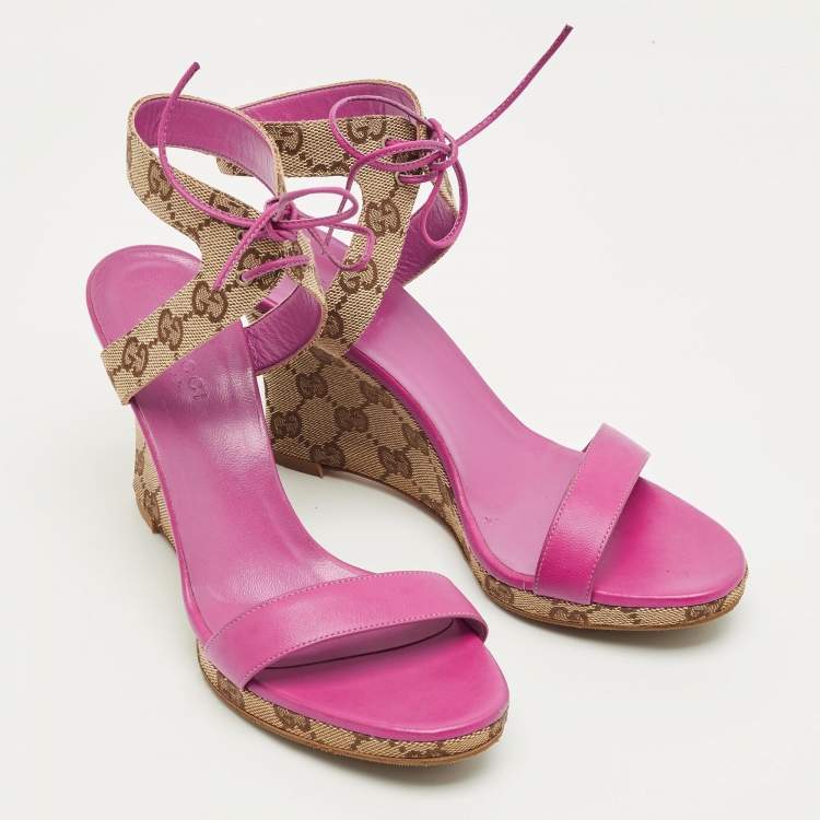 Pre Owned Gucci Size 36 Brown Canvas and Leather Wedge Ankle Strap Sandals