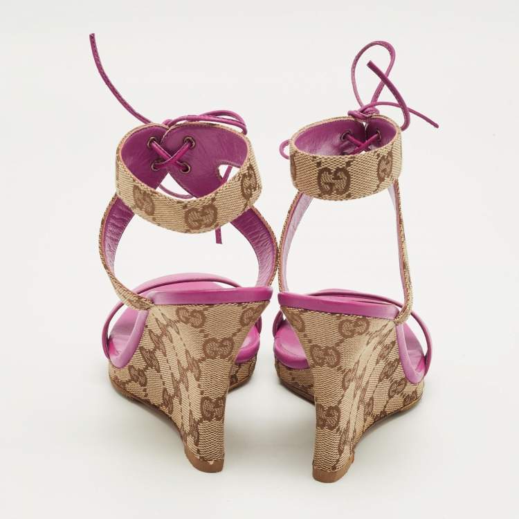 Pre Owned Gucci Size 36 Brown Canvas and Leather Wedge Ankle Strap Sandals