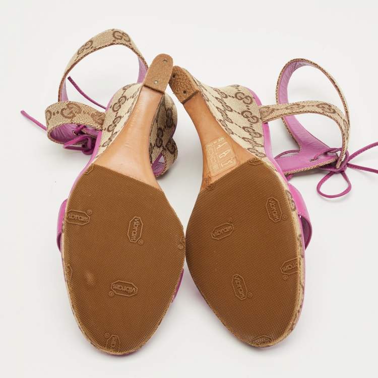 Pre Owned Gucci Size 36 Brown Canvas and Leather Wedge Ankle Strap Sandals