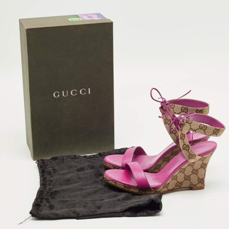 Pre Owned Gucci Size 36 Brown Canvas and Leather Wedge Ankle Strap Sandals