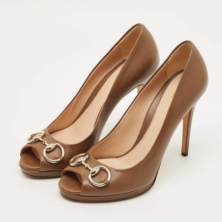 Pre Owned Gucci Horsebit Size 39.5 Brown Leather Peep Toe Pumps